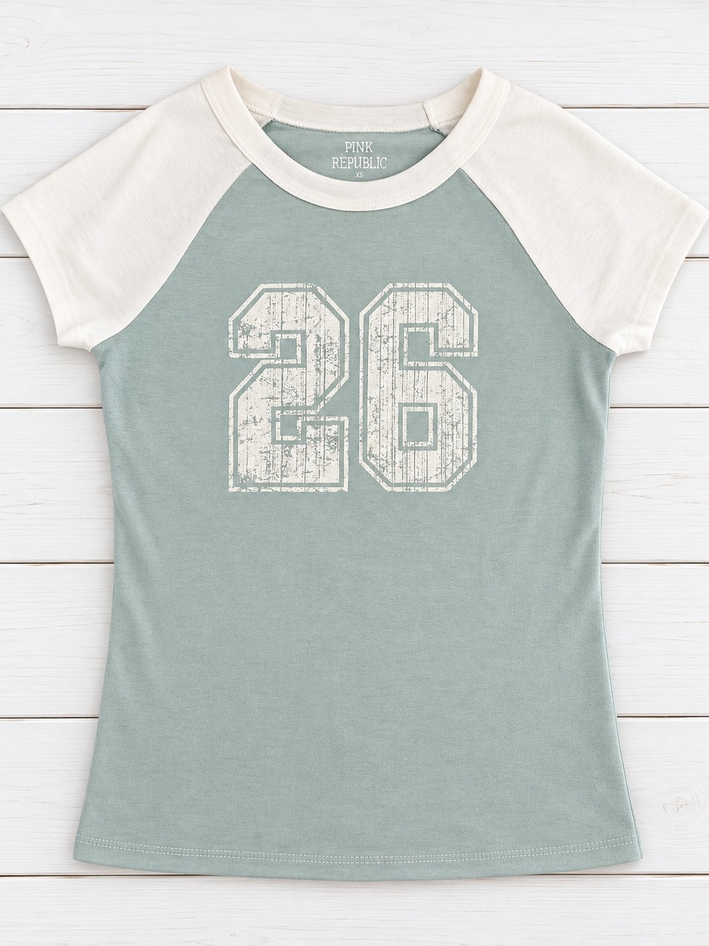 Pink Republic Sage Green & Cream Raglan Tee with Distressed '26'